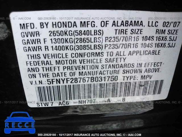 2007 Honda Pilot 5FNYF28767B031750 Bild 8