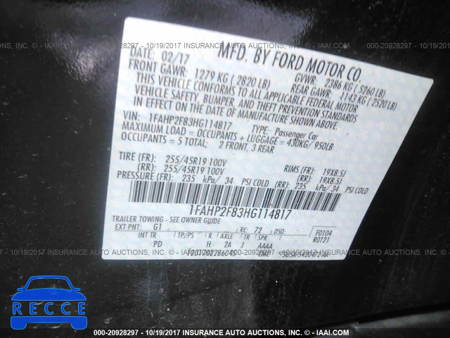 2017 FORD TAURUS 1FAHP2F83HG114817 Bild 8