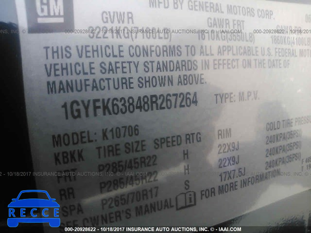 2008 Cadillac Escalade 1GYFK63848R267264 image 8