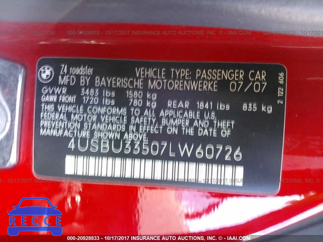 2007 BMW Z4 3.0 4USBU33507LW60726 image 8