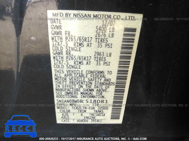 2008 Nissan Xterra OFF ROAD/S/SE 5N1AN08W08C518081 image 8