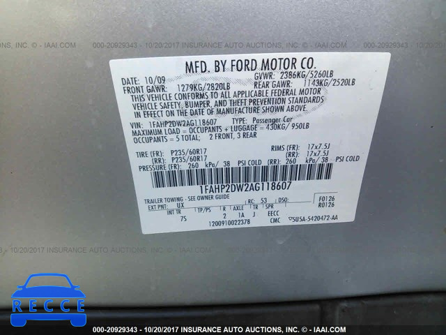2010 Ford Taurus SE 1FAHP2DW2AG118607 image 8