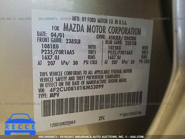 2001 Mazda Tribute LX/ES 4F2CU08101KM53099 image 8