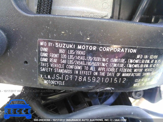 2009 Suzuki GSX-R1000 JS1GT78A592101512 зображення 9