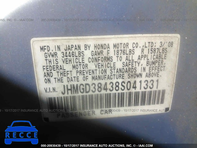 2008 HONDA FIT JHMGD38438S041331 image 8