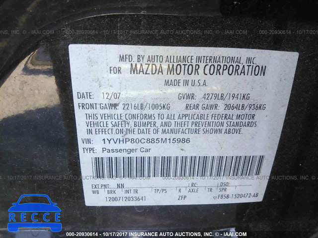 2008 MAZDA 6 I 1YVHP80C885M15986 image 8