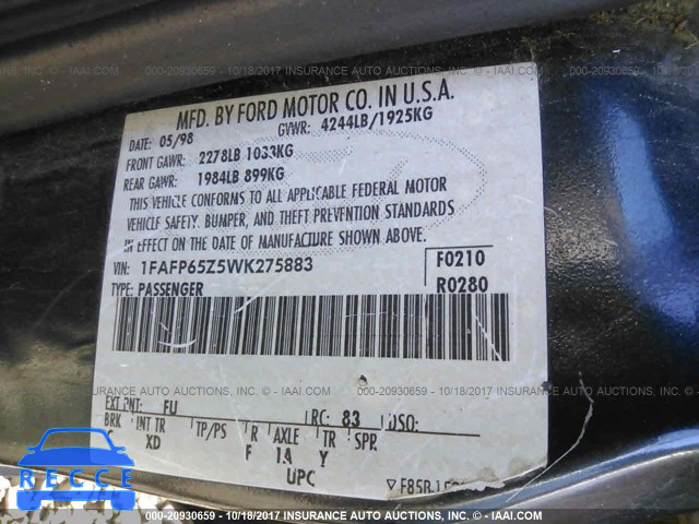 1998 Ford Contour 1FAFP65Z5WK275883 image 8