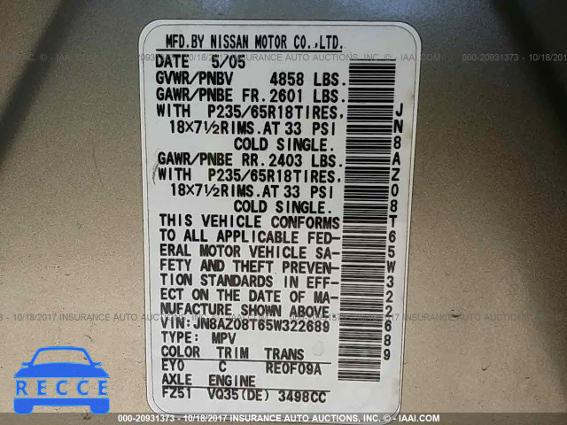 2005 Nissan Murano JN8AZ08T65W322689 image 8
