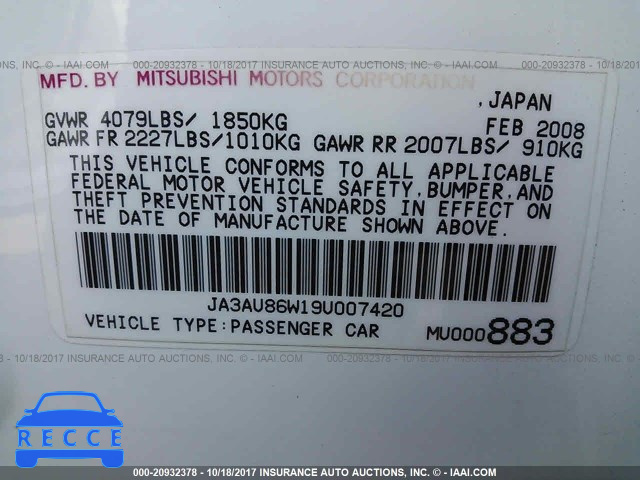 2009 Mitsubishi Lancer GTS JA3AU86W19U007420 Bild 8