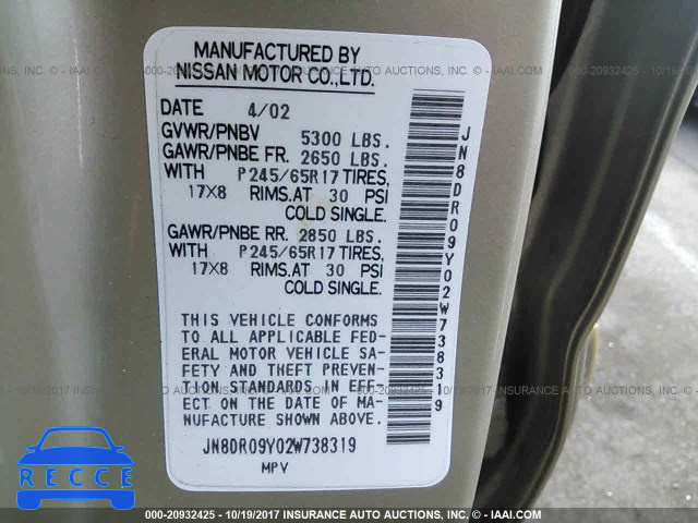 2002 Nissan Pathfinder JN8DR09Y02W738319 image 8