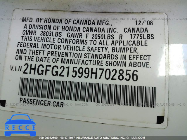 2009 Honda Civic 2HGFG21599H702856 image 8