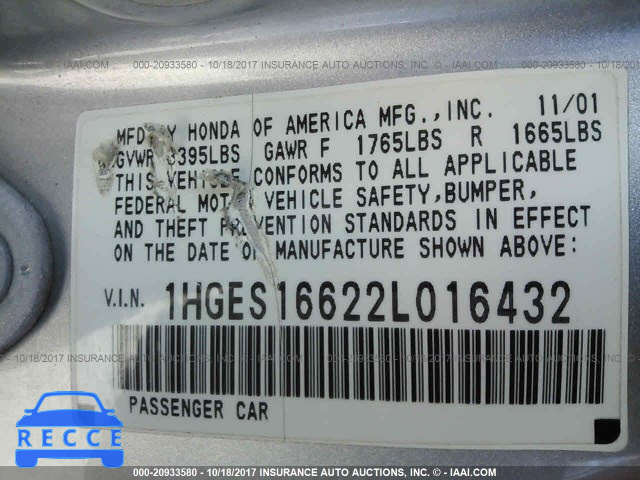 2002 Honda Civic 1HGES16622L016432 image 8