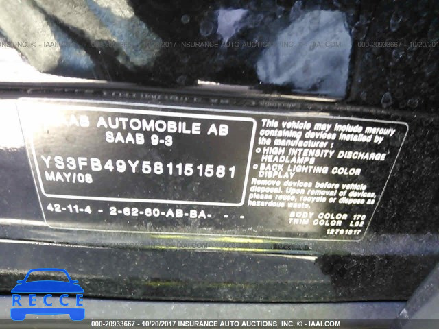 2008 Saab 9-3 2.0T YS3FB49Y581151581 image 8