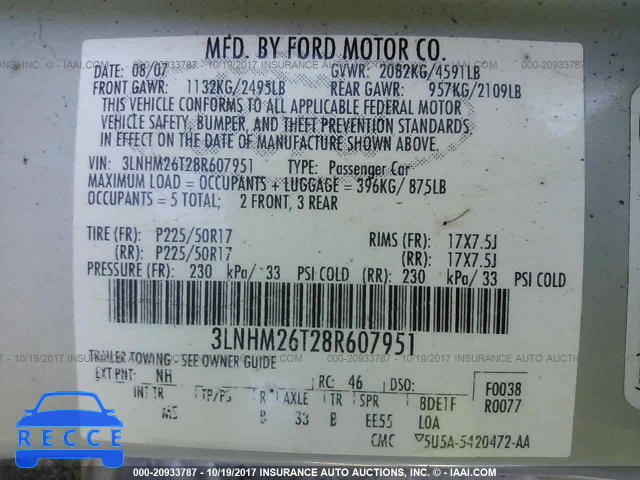 2008 Lincoln MKZ 3LNHM26T28R607951 Bild 8