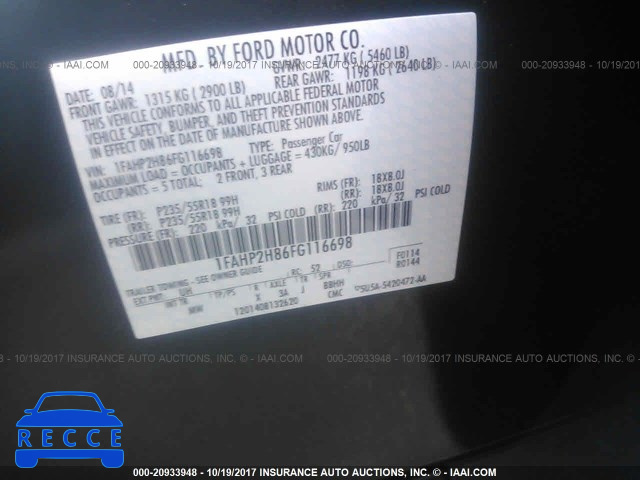 2015 Ford Taurus SEL 1FAHP2H86FG116698 зображення 8
