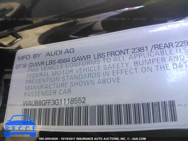 2016 Audi A3 PREMIUM WAUB8GFF3G1118552 зображення 8