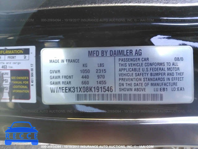 2008 Smart Fortwo PASSION WMEEK31X08K191546 image 8
