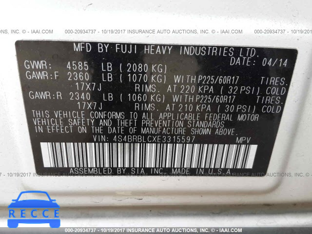 2014 Subaru Outback 2.5I LIMITED 4S4BRBLCXE3315597 image 8