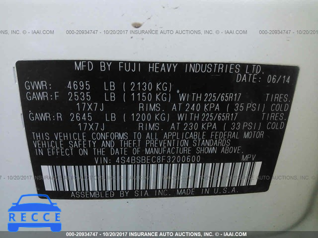 2015 Subaru Outback 2.5I PREMIUM 4S4BSBEC8F3200600 Bild 8