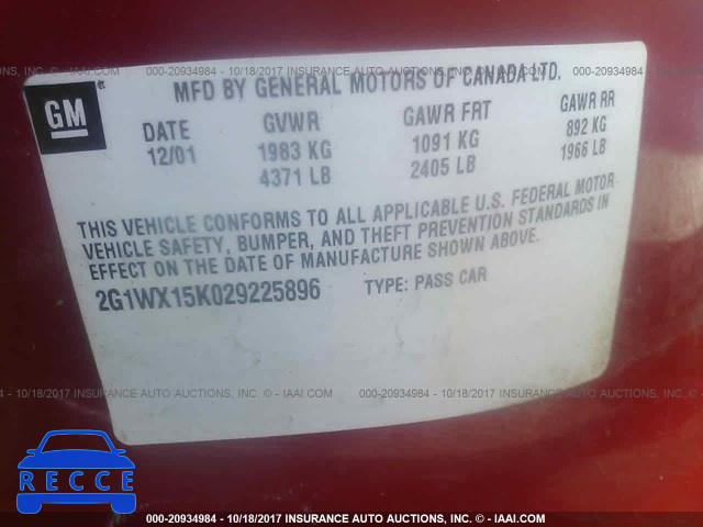 2002 Chevrolet Monte Carlo 2G1WX15K029225896 зображення 8
