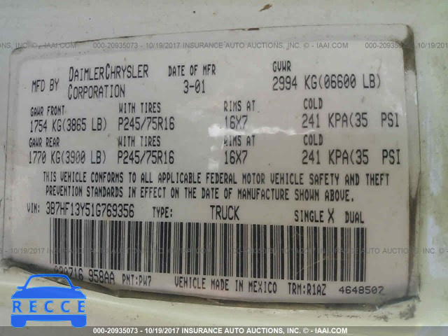 2001 Dodge RAM 1500 3B7HF13Y51G769356 зображення 8