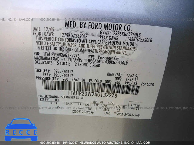 2010 Ford Taurus SE 1FAHP2DW2AG132278 image 8
