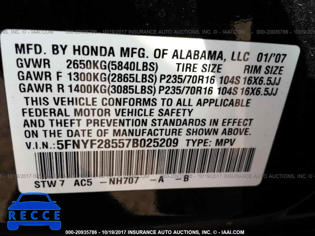 2007 Honda Pilot 5FNYF28557B025209 Bild 8