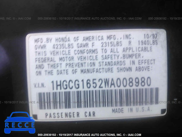 1998 Honda Accord 1HGCG1652WA008980 image 8