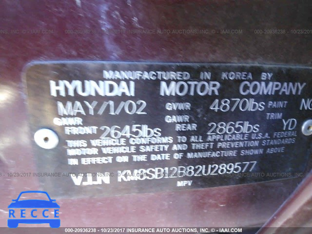2002 Hyundai Santa Fe GL KM8SB12B82U289577 image 8