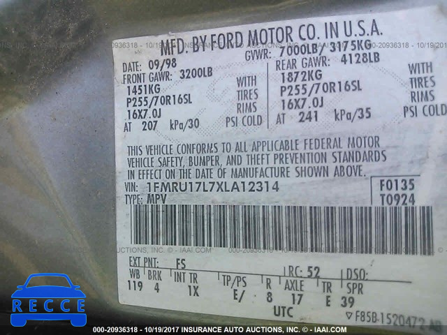 1999 FORD EXPEDITION 1FMRU17L7XLA12314 image 8