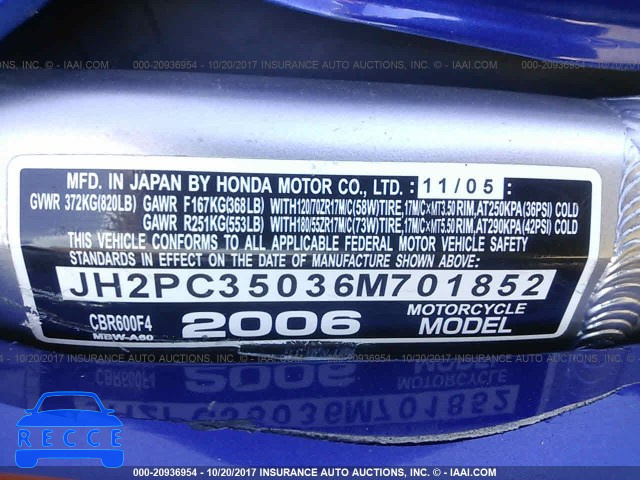 2006 Honda CBR600 F4 JH2PC35036M701852 зображення 9