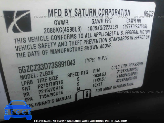 2003 SATURN VUE 5GZCZ33D73S891043 зображення 8