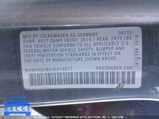 2003 VOLKSWAGEN PASSAT WVWYH63B53E414877 image 8