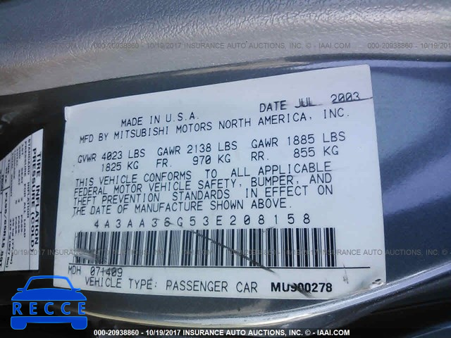 2003 Mitsubishi Galant DE 4A3AA36G53E208158 image 8