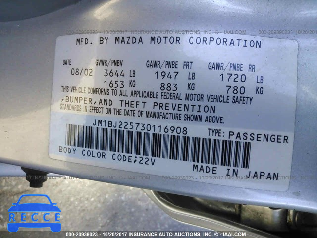 2003 Mazda Protege DX/LX/ES JM1BJ225730116908 зображення 8