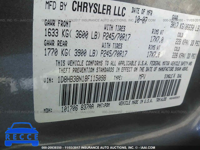 2008 Dodge Durango SXT 1D8HB38N18F115098 зображення 8