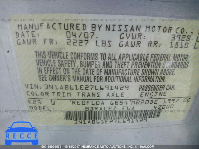 2007 Nissan Sentra 3N1AB61E27L691429 image 8