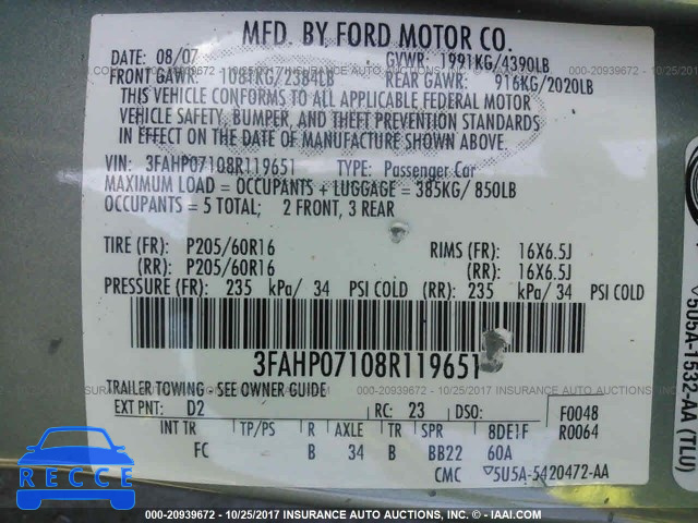 2008 Ford Fusion 3FAHP07108R119651 зображення 8