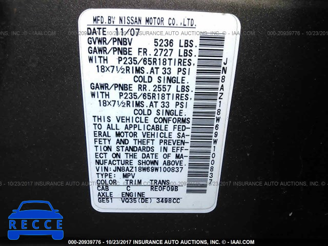 2009 Nissan Murano JN8AZ18W69W100837 image 8