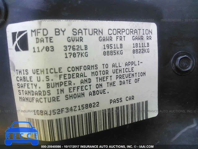 2004 Saturn ION 1G8AJ52F34Z158022 зображення 8