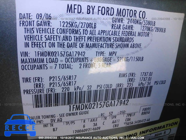 2007 Ford Freestyle SEL 1FMDK02157GA17942 зображення 8