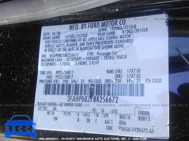 2008 Ford Fusion 3FAHP08Z78R256672 зображення 8