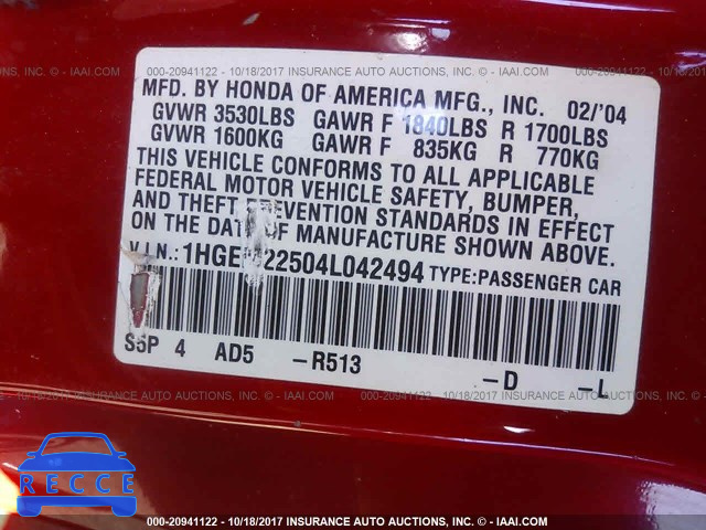 2004 Honda Civic LX 1HGEM22504L042494 image 8