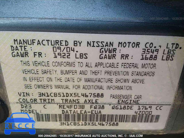 2005 Nissan Sentra 3N1CB51DX5L467588 зображення 8