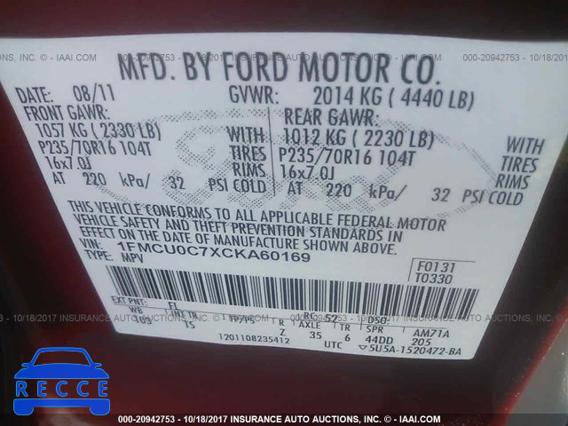 2012 Ford Escape 1FMCU0C7XCKA60169 зображення 8