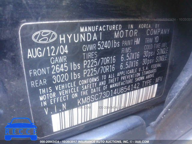 2004 Hyundai Santa Fe KM8SC73D14U854142 image 8