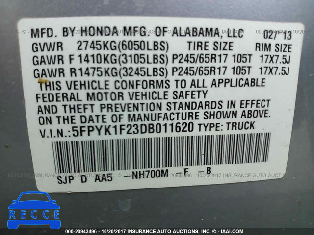 2013 HONDA RIDGELINE RT 5FPYK1F23DB011620 image 8