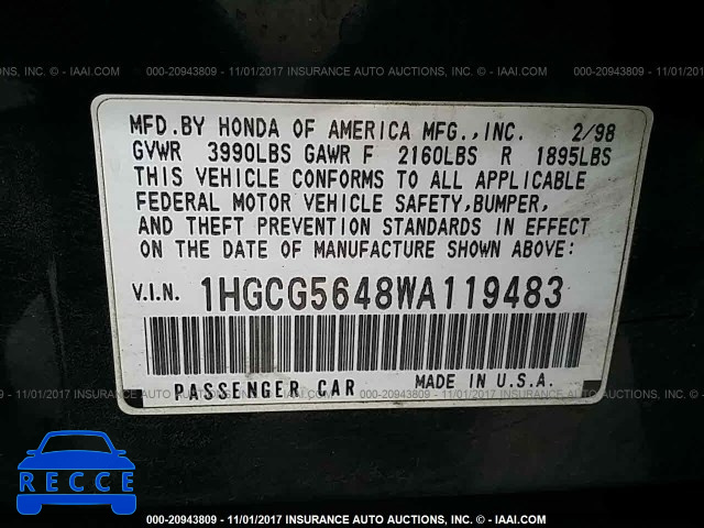 1998 Honda Accord 1HGCG5648WA119483 зображення 8