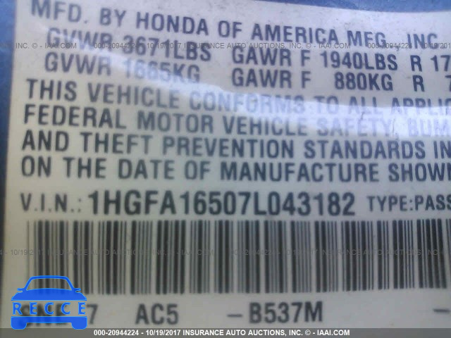 2007 Honda Civic 1HGFA16507L043182 image 8