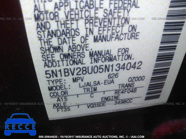 2005 Nissan Quest S/SE/SL 5N1BV28U05N134042 image 8